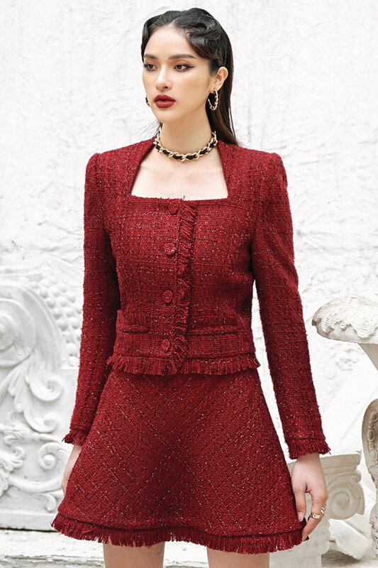Alfaiate inverno francês requintado gola quadrada exposta clavícula sexy pequena fragrância senhora jaqueta de lã vermelho escuro saia terno