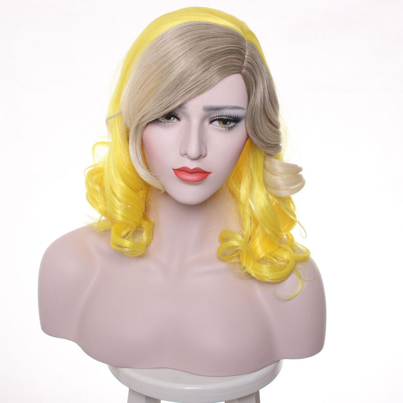 Lady Gaga Wig Yellow Blonde Mixed Synthetic Hair Cosplay Wig Halloween Party Costume Wigs +wig cap