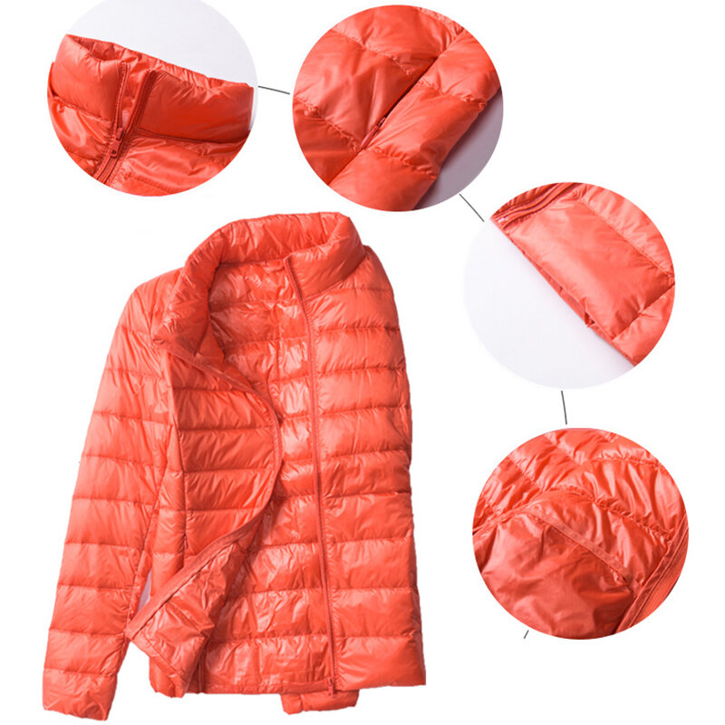 겨울 여성 초경량 얇은 다운 재킷 화이트 오리 후드 자켓 긴 소매 따뜻한 코트 파카 여성 휴대용 아웃웨어