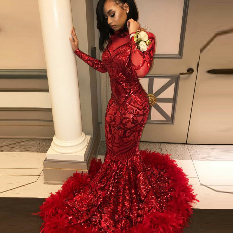 Elegant Red Prom Dresses Woman Dance Ball Gowns Long Sleeve Mermaid  Feather Evening Formal Party Clothing