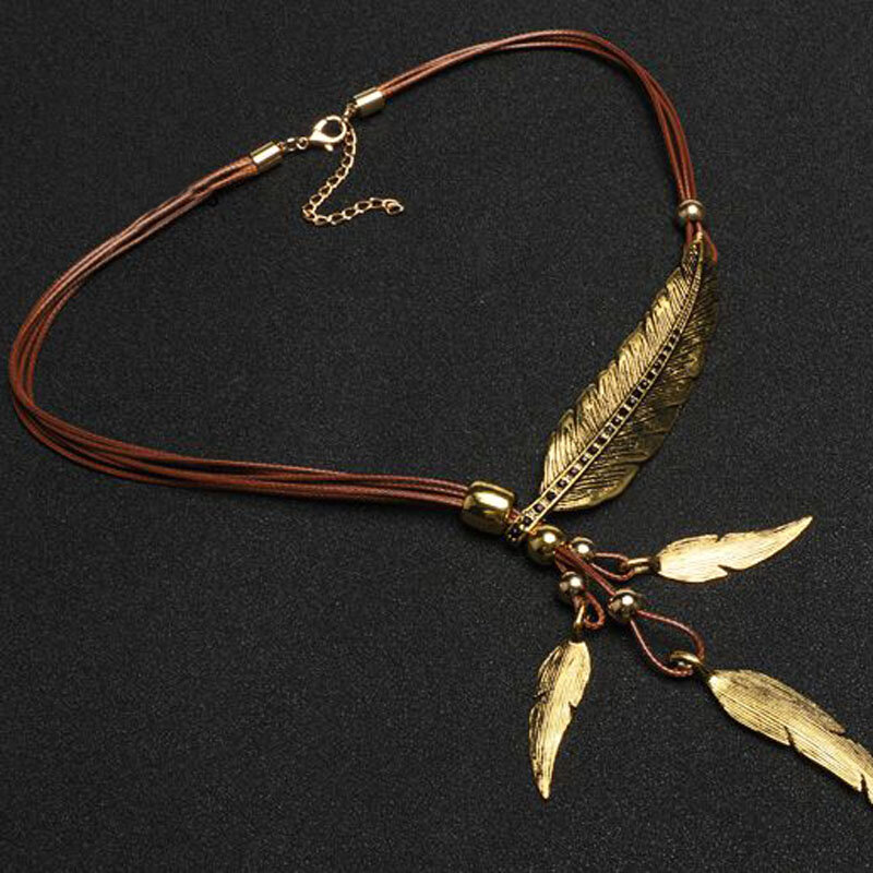 New Bohemian Style Rope Chain Leaf Feather Pattern Pendant For Women Fine Jewelry Collares Statement Necklace EIG88