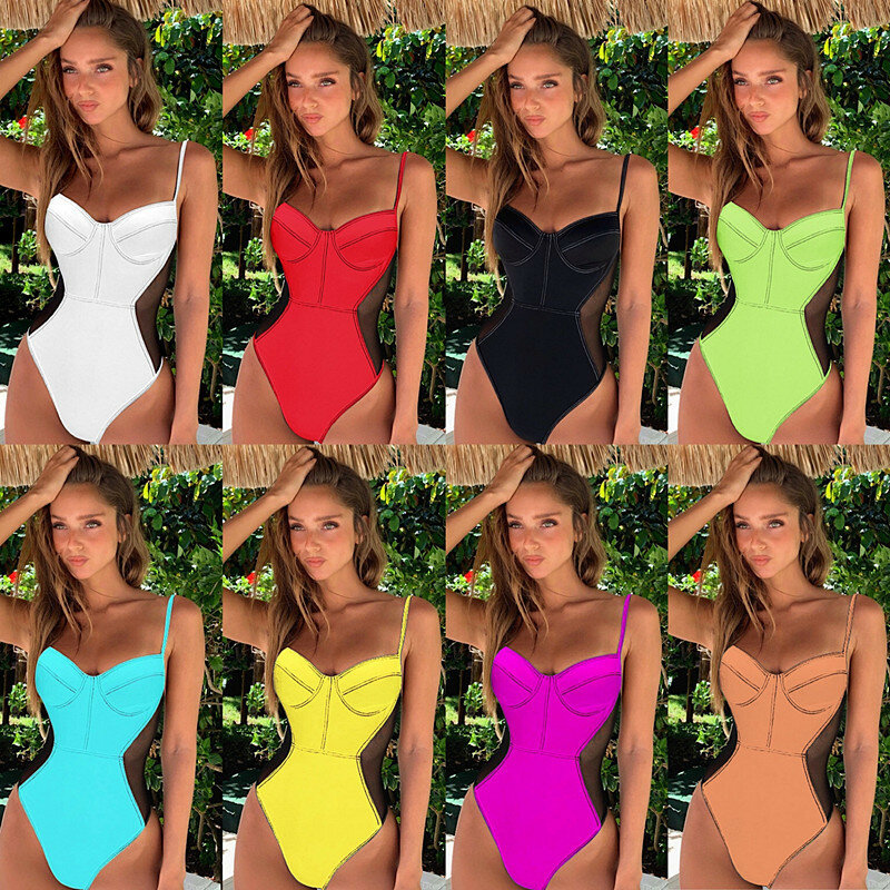 BKLD 2019 Sexy Mesh Patchwork Women Bodysuits Summer New Beach Party Women Spaghetti Strap Backless Bodycon Bodysuit For Women