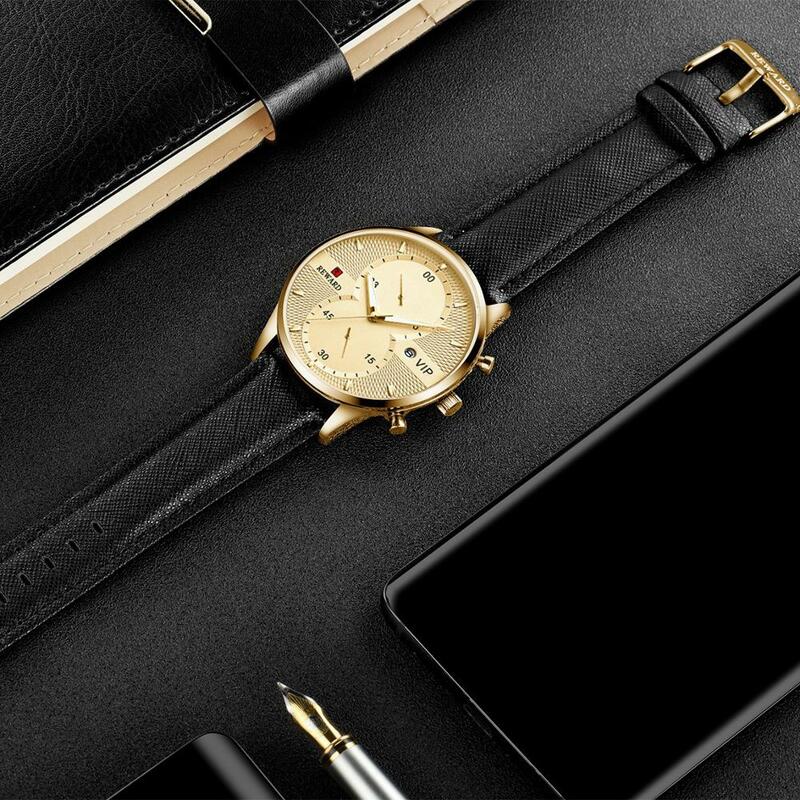 Relógio de pulso masculino quartz, relógio preto dourado com visor, calendário à prova d'água