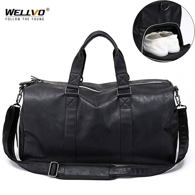 Bolsa de viaje de cuero para hombre, bolso de mano grande para almacenamiento de zapatos, independiente, para Fitness, equipaje y hombro, color negro, XA237WC
