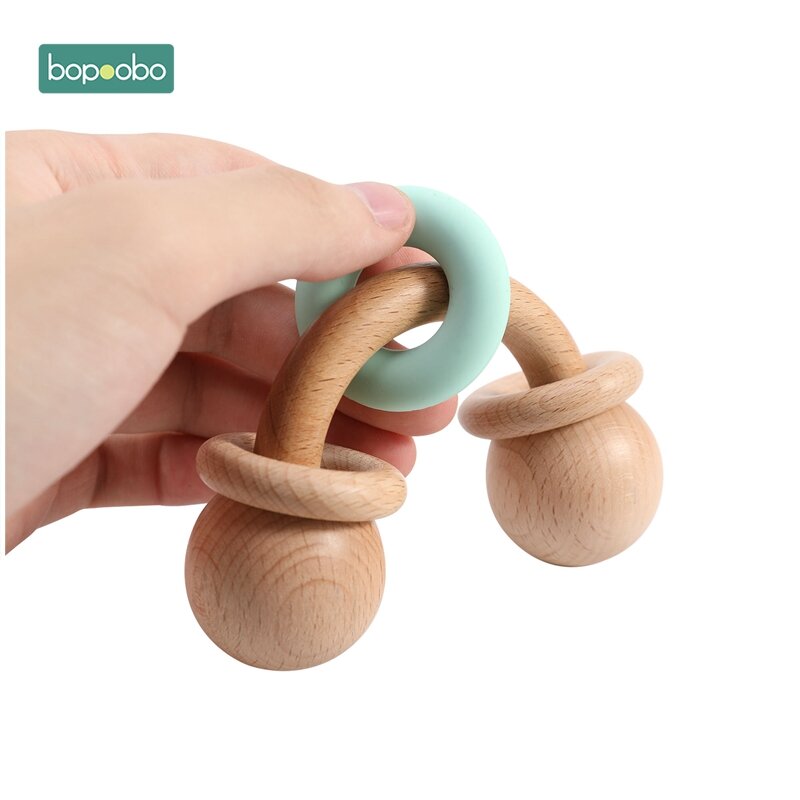 Bopoobo 1PC Wooden Rattle Hand Teething Wooden Ring Bending Beads Play Gym BPA Free Baby Toys Beech Montessori Toy Baby Rattles