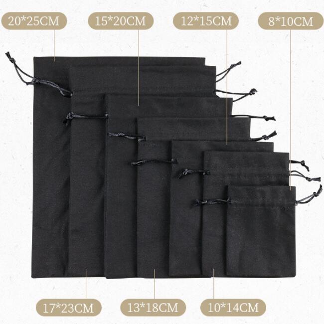 50 teile/los schwarze Baumwolle Canvas Taschen große Kordel zug Geschenk beutel Verpackung Tasche Home Organizer Aufbewahrung säcke benutzer definierte Logo-Druck