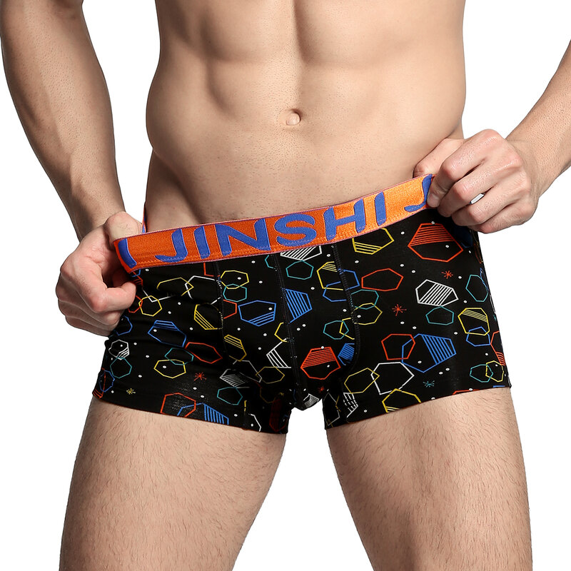 JINSHI Men Print Short Boxer Bamboo Breathable Soft ForYouth Boxer Briefs Fashion Sexy Male Panties