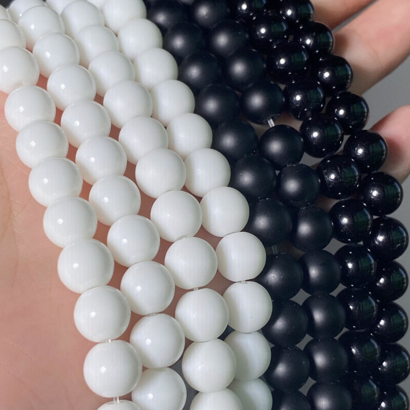 Round Onyx Beads para fazer jóias, pedra natural, ágatas brancas e pretas, fosco polonês maçante, pulseiras DIY, 4-12mm, 15 in, atacado