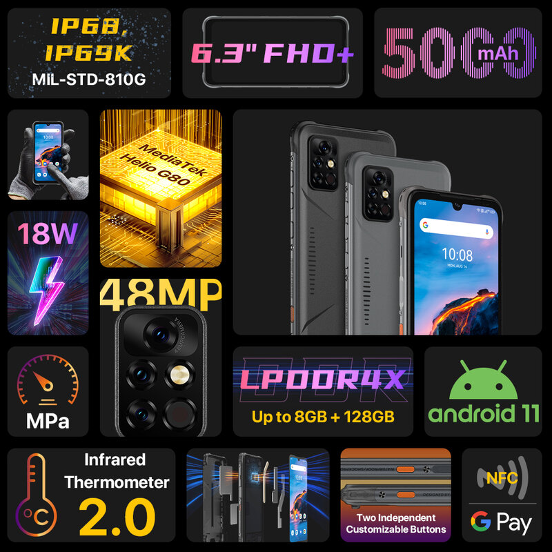 Смартфон UMIDIGI BISON PRO, упрочненный телефон, 4 Гб + 6,3 ГБ, IP68, Helio G80, тройная камера 48 МП, экран 5000 дюйма FHD +, аккумулятор мАч