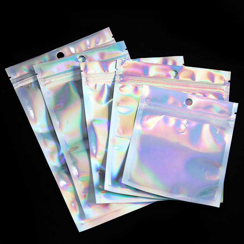 Bolsas iridiscentes con cierre de cremallera, bolsas de plástico para cosméticos, embalaje al por menor, bolsas de polietileno con cremallera láser, 10-50 unidades por lote
