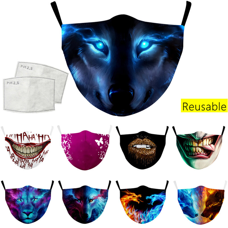 Dorosłych maska niebieski płomień drukowany wilk usta maska pokrywa wielokrotnego użytku zmywalne tkaniny maski wiatroszczelna odkryty oddychająca maska usta