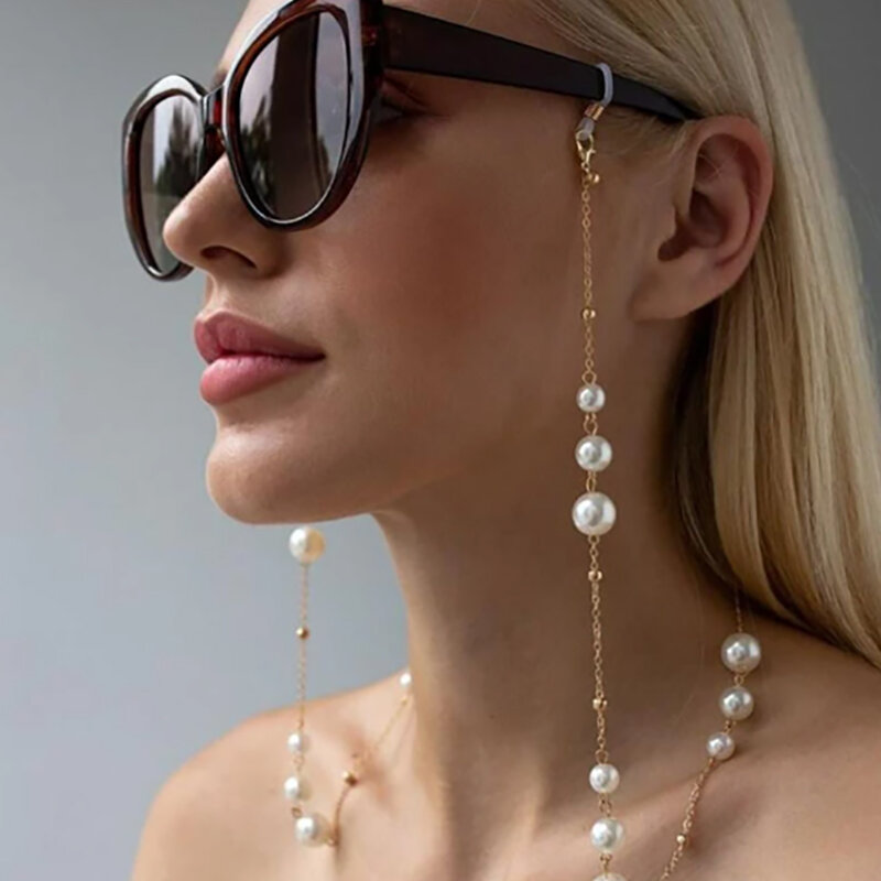 Sunglass Chain Beaded Pearl Chain Eyeglass Lanyard Holder Strap Silicone Loops Women Necklace Outside Casual Accessory