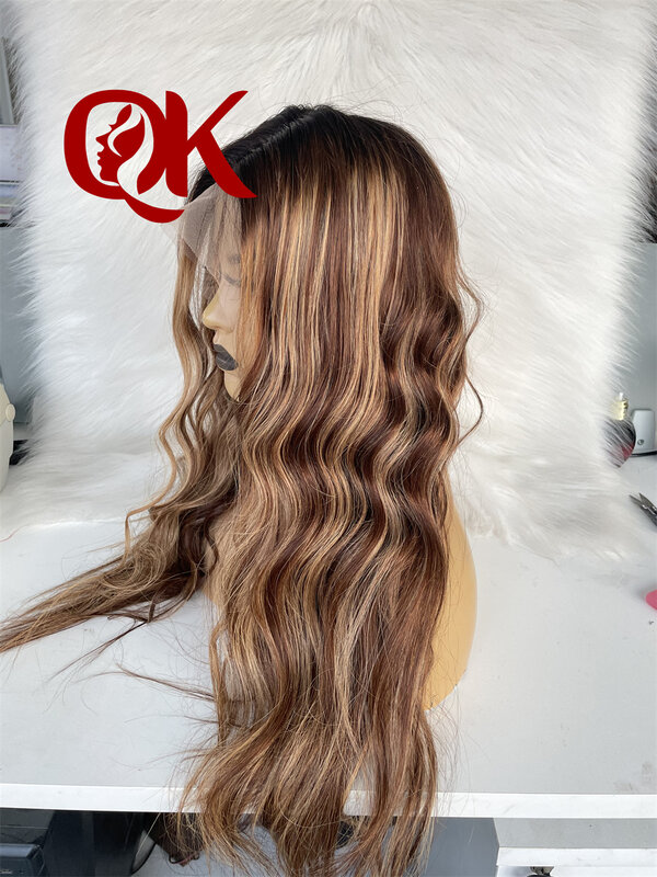 QueenKing hair Brazilian Lace Front Ombre 4/27 Wig 180% density HD Transparent Lace Small Knots Highlight Balayage Color Wig