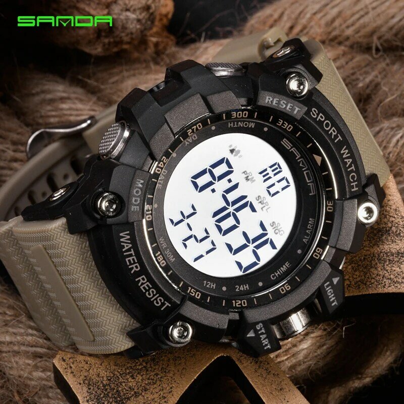 Sanda relógio digital esportivo militar masculino, relógio de pulso digital com alarme e cronômetro da moda, de marca famosa e luxuosa