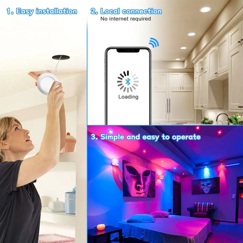 Spot Lumineux LED Coloré Encastrable pour Maison Connectée, Luminaire de Plafond Rond Compatible Bluetooth, Lumière RGB à Intensité Réglable, 110/220V