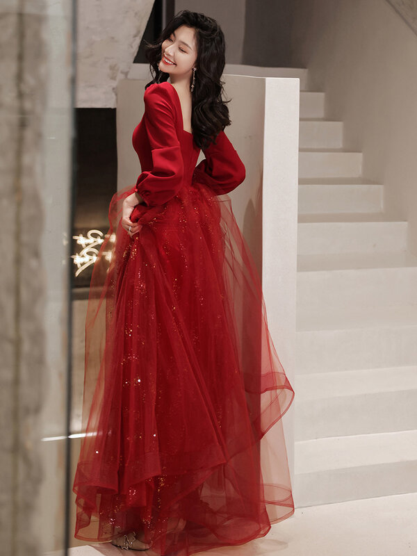 Женское длинное вечернее платье, элегантное красное платье с квадратным вырезом для выпускного вечера, платье до пола с многоярусной вышивкой, кружевное платье мицвы