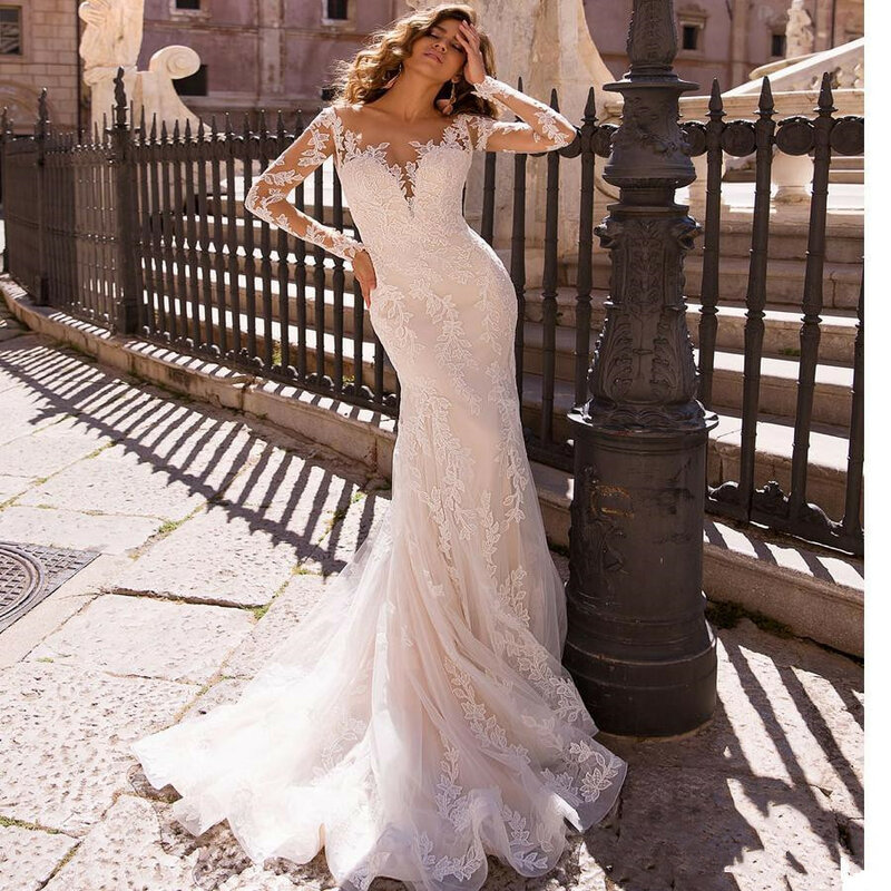 Meerjungfrau Brautkleider Mit Abnehmbaren Zug Langen Ärmeln Applique Spitze V-ausschnitt Braut Kleid Kleider Vestidos De Novia Sexy Weiß