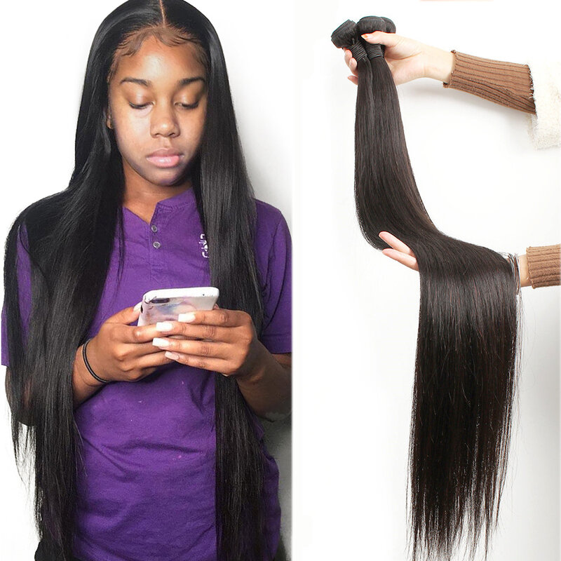 Перуанские прямые волосы 32 34 36 38 40 дюймов, пряди из 100% натуральных волос Реми черного цвета для женщин