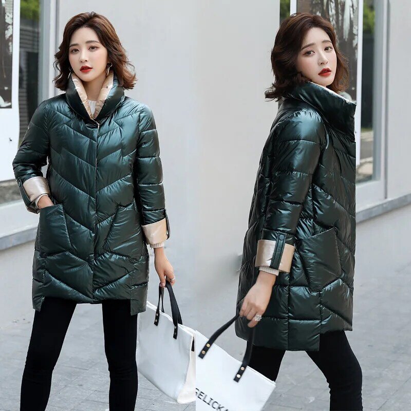 女性用の光沢のあるライトダウンジャケット,ルーズな韓国の長さ,厚手で暖かいコート,パーカー,冬
