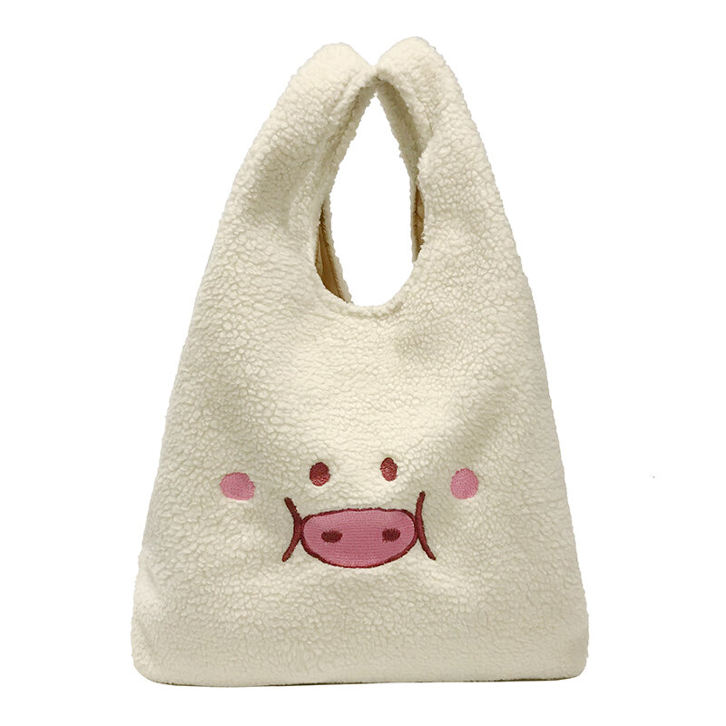 large white Handbag for Women Plush Big Tote Bag cute cartoon Pig  Embroidery  Ladies Hand Bags Clutch White Women shopping Bags