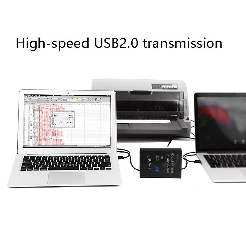 IT-Well USB Printer Sharing Device, 2 in 1 Out Printer Sharing Device, 2-Port Manual Kvm Switching Splitter Hub Converter