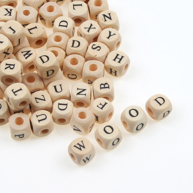 50pcs/pack 10mm A-Z Natural Wooden Letter Beads Mixed Alphabet Square Cube Wood Beads For Jewelry Making Diy Bracelet Necklace