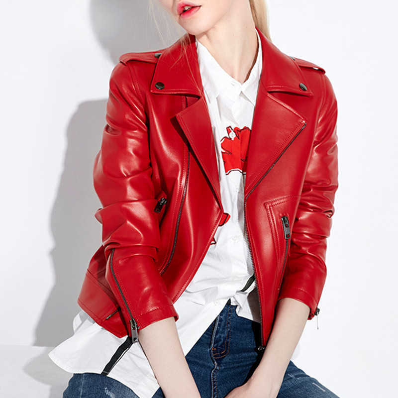 2023 New Fashion Womens autunno Soft giacche in vera pelle cappotti Lady Red Streetwear Zipper moto Biker cappotto corto di base