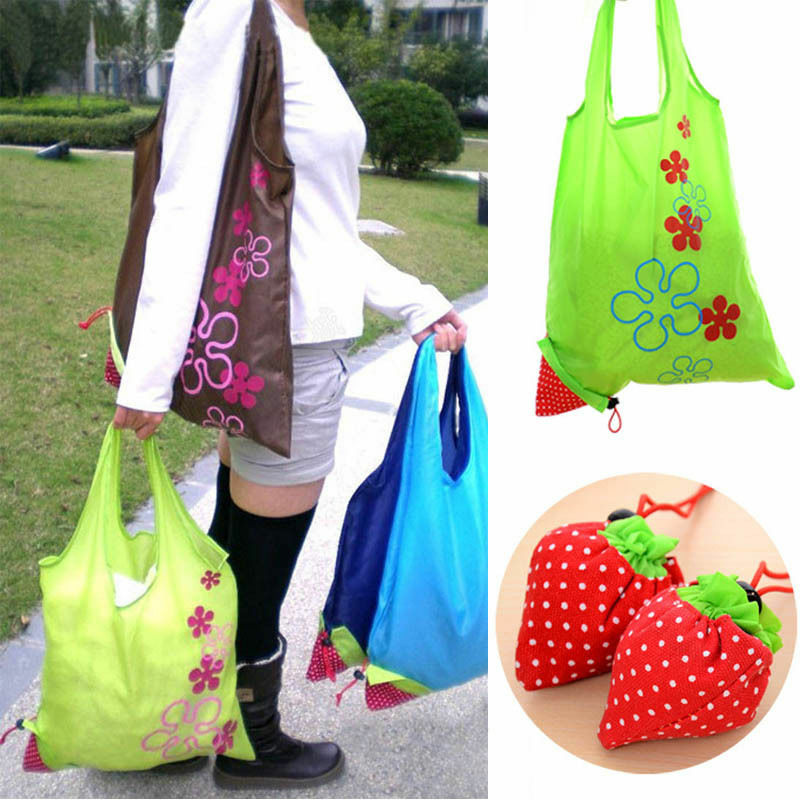 حقيبة تسوق قابلة للطي بطبعة الفراولة ، حقيبة بقالة من النايلون الأخضر ، حقيبة حمل مريحة ذات سعة كبيرة ، قابلة لإعادة الاستخدام