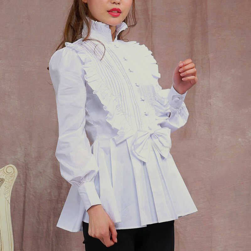 Spring Women White Tops Vintage Victorian Ruffled Pleated Shirts Lantern Sleeve Female Gothic High Collar Blouse Lolita Costumes