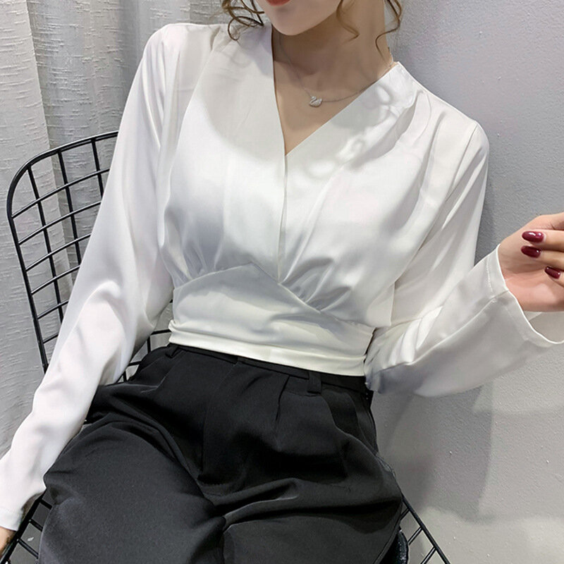 Jesień 2020 nowy Design Sense mały dekolt w serek dla kobiet bluzka cienka wysoka talia krótki pępek wolna koszula damska z długim rękawem