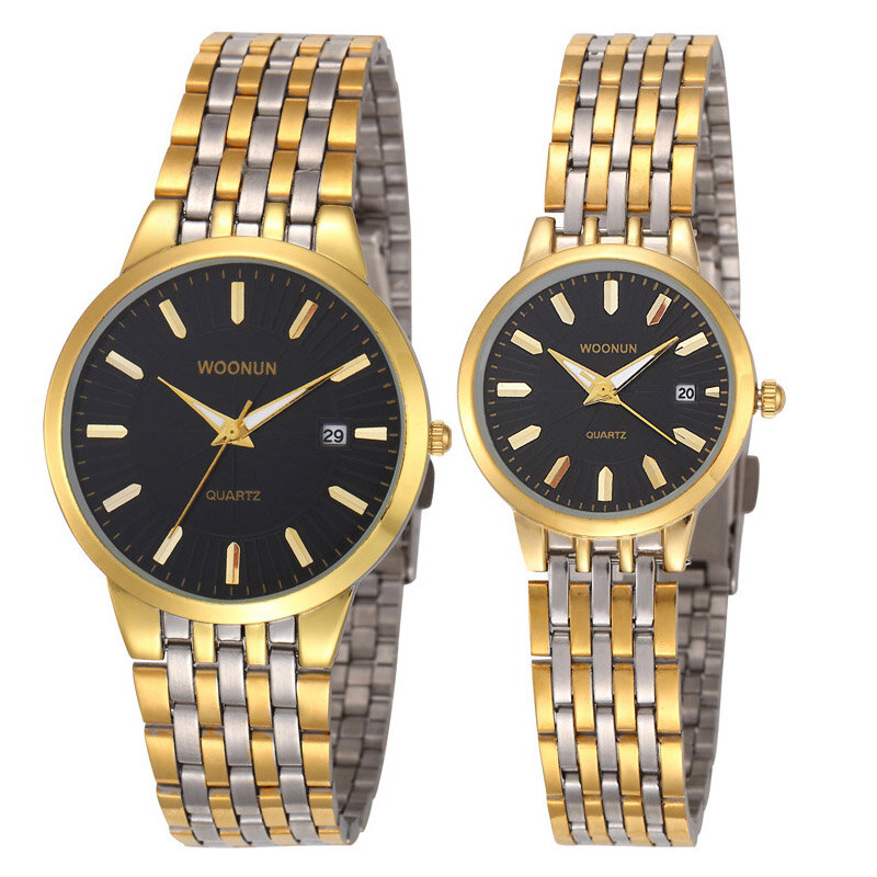 WOONUN-relojes para amantes de la moda para hombres y mujeres, relojes de cuarzo ultrafinos de acero completo, de marca famosa, de lujo, dorados, 2023