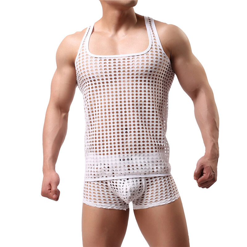 Sexy Mens Undershirts Sets 2 Piece Mesh Fishnet See Through Sleeveless Shirts + Boxer Shorts Lounge Wear Underwear Nightwear