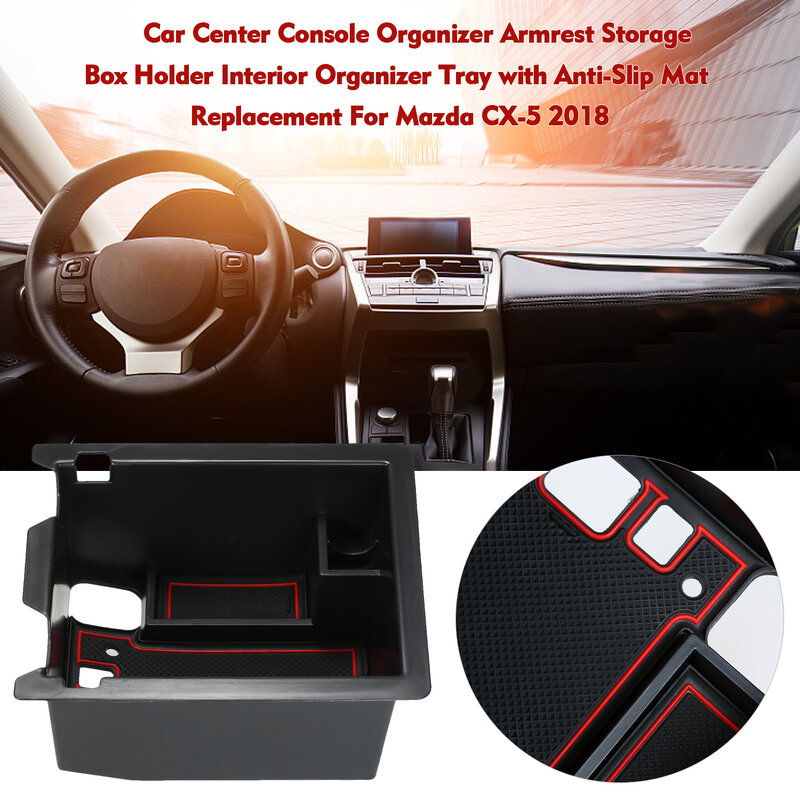 Auto Center Console Organizer Armrest Storage Box Holder Interior Organizer Tray + Anti-Slip Mat Replacement For Mazda CX-5 2018