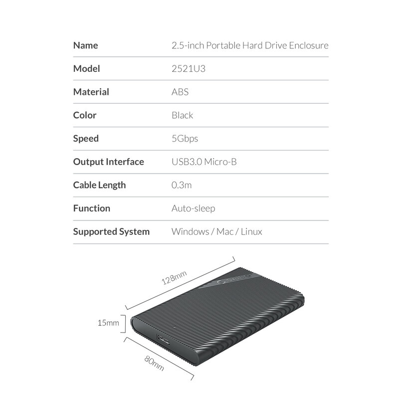 Custodia per HDD ORICO da SATA a USB 3.0 custodia per HDD custodia per disco rigido esterno da 5 Gbps compatibile con SSD HDD da 2.5 pollici 7 ~ 9.5mm