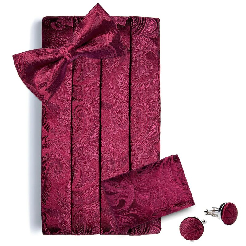 حزام بيزلي حريري أحمر للرجال ، مع فيونكة ، مربعة ، للجيب ، لحفلات الزفاف