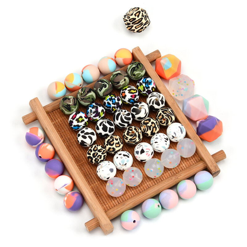 LOFCA 20pcs Tie dye leopard Terrazzo Dalmatian camo Silicone Beads Teething Beads DIY Chewable Colorful Teething For Infant Baby