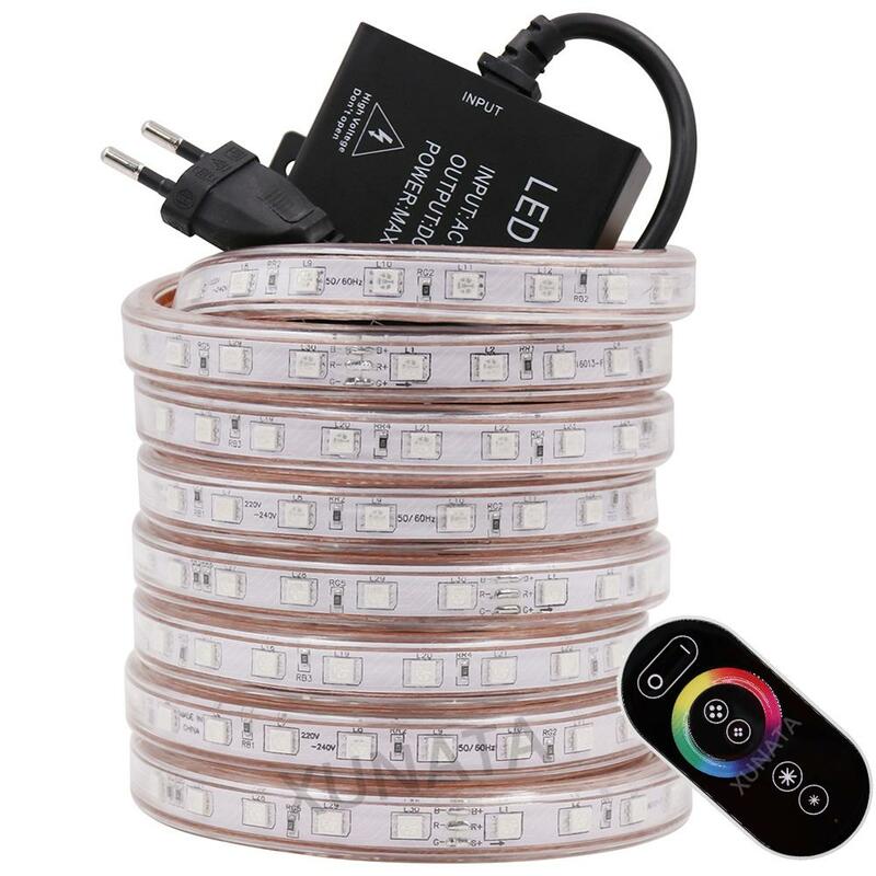 AC220V RGB LED Strip Light SMD5050 60LEDs/M เทป LED ยืดหยุ่นเต็มรูปแบบ TOUCH Controller ริบบิ้น LED กันน้ำ EU Plug Decor