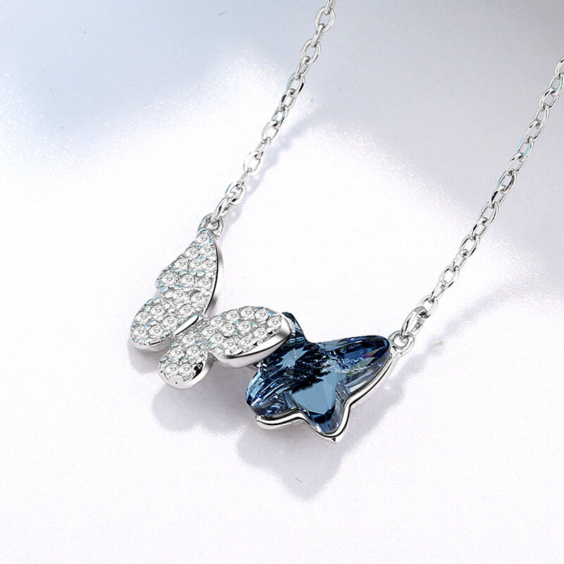 925 Sterling Silver Necklace Ladies Elegant Chain Necklace Fashion Blue Butterfly Shape Sterling Silver Jewelry Round Necklace