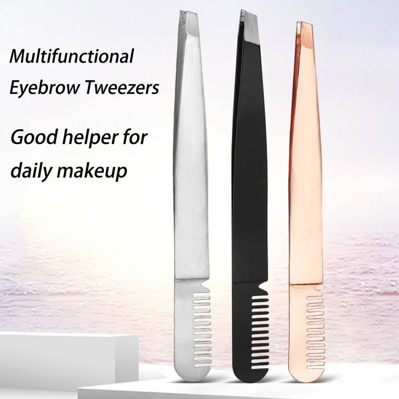 Multifunctional Eyebrow Tweezer with Eyebrow Brush Comb Stainless Steel Eyelashes Extension Tweezers Nail Rhinestones Picker