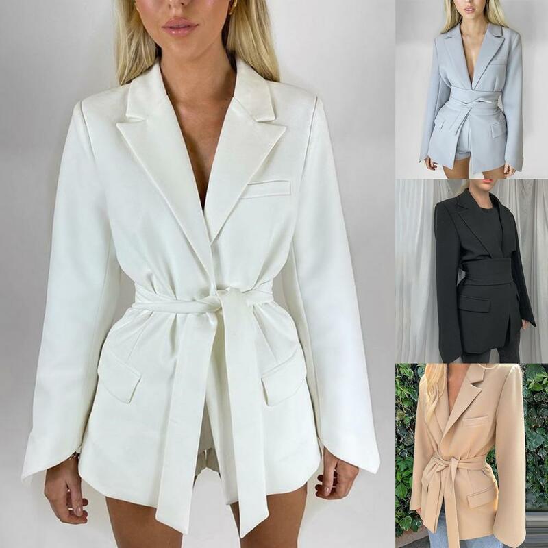 2021 outono elegante blazer feminino cinto cor sólida turndown colarinho punhos irregulares rendas até senhoras de escritório terno casacos feminino blazers