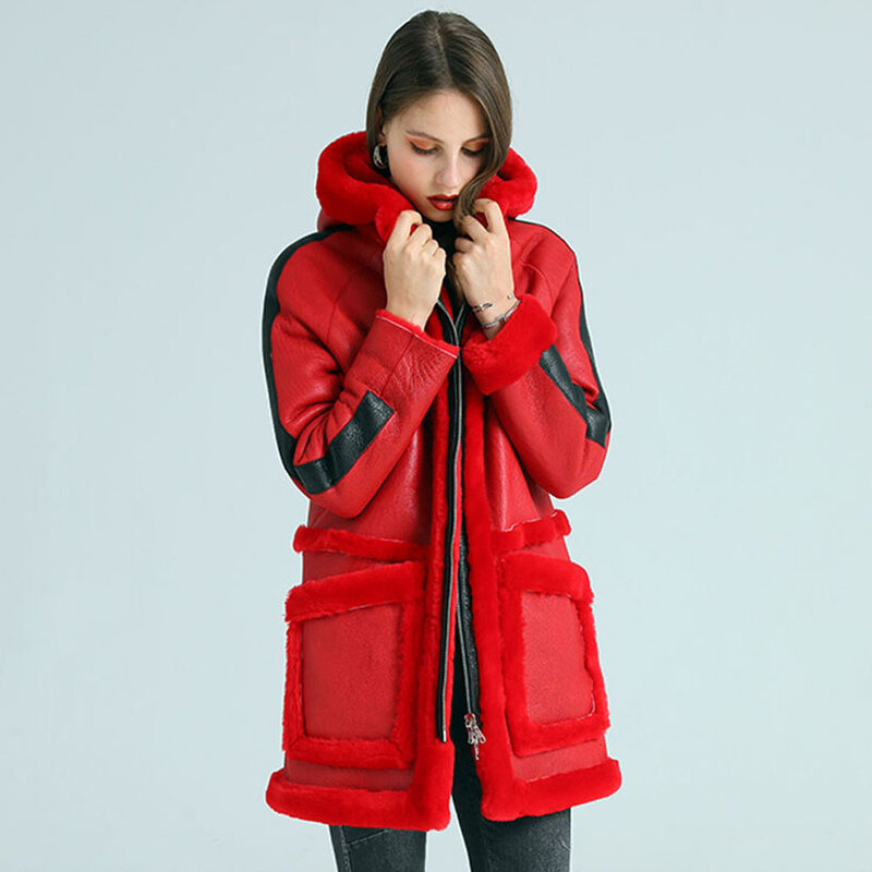 Hooded Long Real Fur Coat For Women Thicken Warm Red Sheepskin Shearling Clothing Long Genuine Leather Outerwear