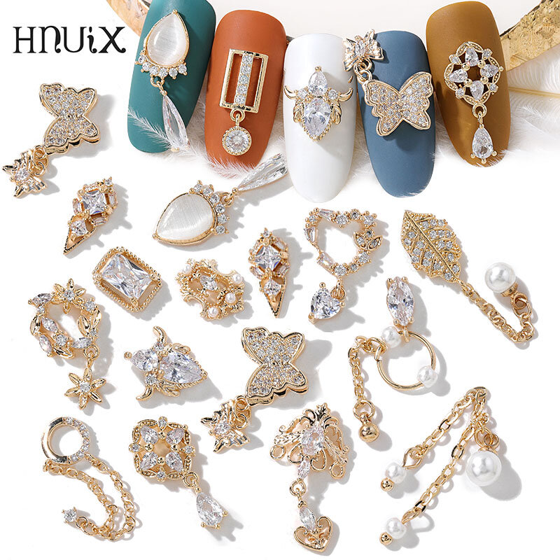 HNIUX 3D 금속 지르콘 네일 아트 쥬얼리, 일본 진주 펜던트 장식, 최고 품질의 크리스탈 매니큐어, 다이아몬드 참, 2 피스