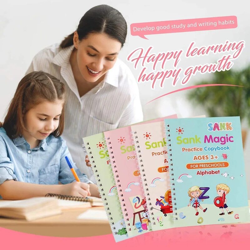 Cahier de pratique magique pour enfants, 4 pièces, cahier de copie anglais réutilisable, cahier de traçage pour enfants, écriture