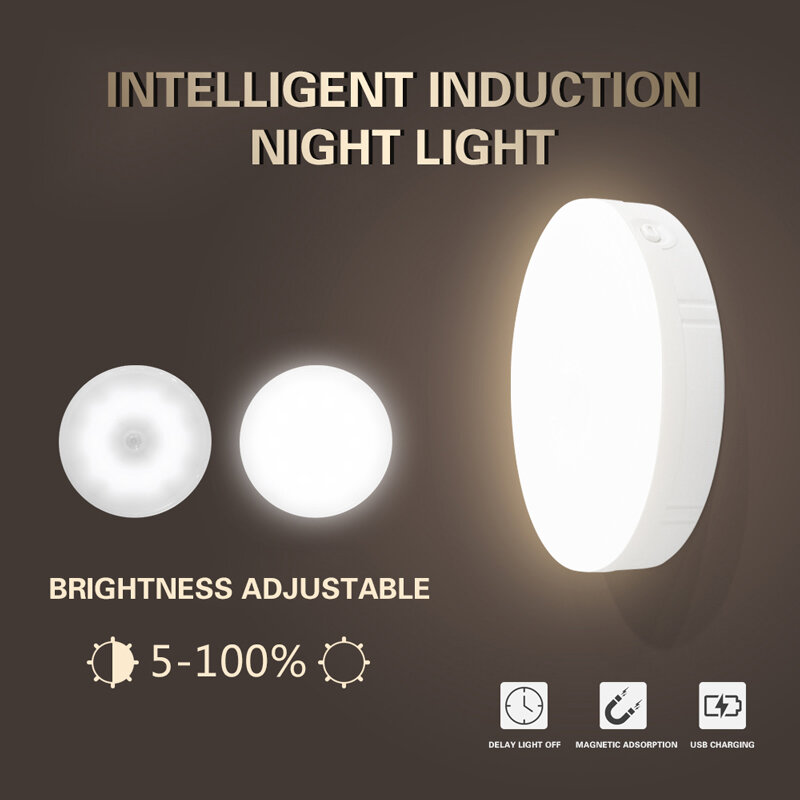 PIR Motion Sensor LED Night Light, USB recarregável, regulável, lâmpada para quarto, cozinha, luzes do armário sem fio