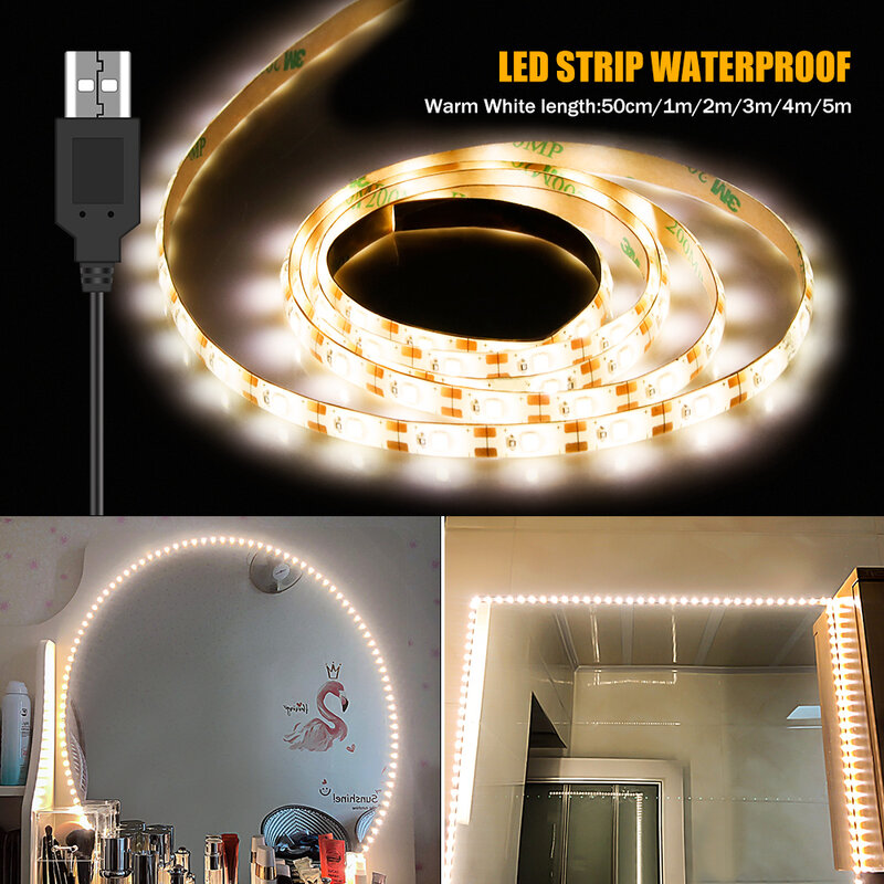 Lampu Cermin Rias LED Hollywood USB Vanity Lampu Setrip Lembut Pita Pencahayaan Latar Belakang TV 50Cm 1M 2M 3M 4M 5M untuk Kamar Mandi 2835