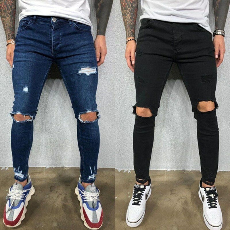 Jeans masculinos na altura do joelho buraco rasgado estiramento calças de brim magro cor sólida preto azul outono verão estilo hip-hop calças de ajuste fino S-4XL