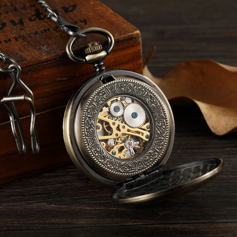 Relógio de bolso mecânico de dois lados masculino, relógio de bolso vintage de esqueleto steampunk para homens