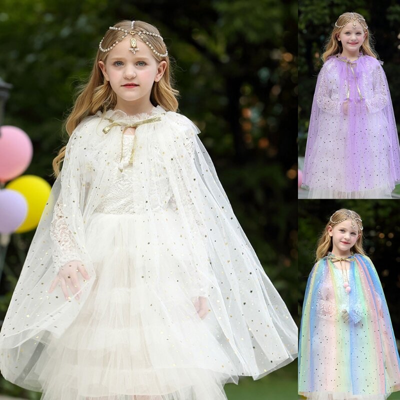 Kids Girl Fairy Cape Princess Candy Color Glitter Star Sequins Cloak Tulle Shawl NEW