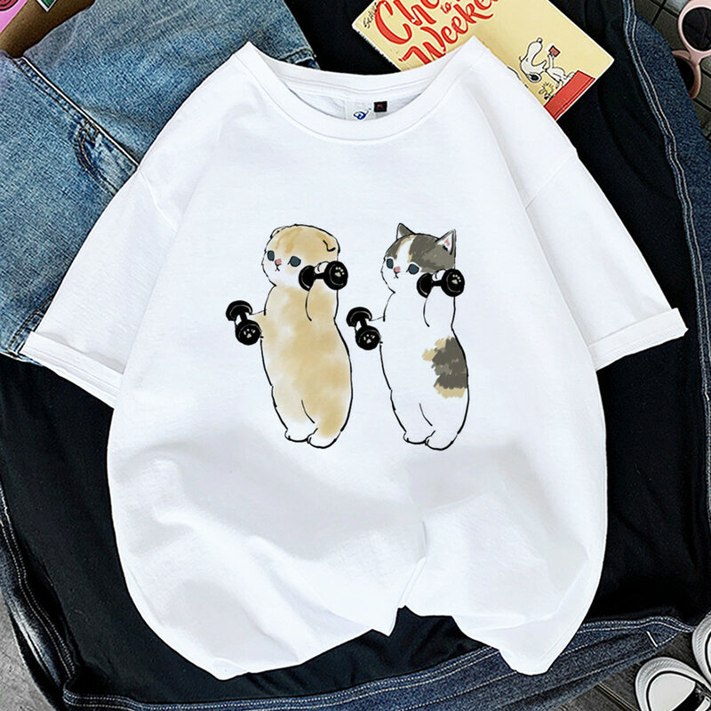 Kawaii Cat Women Print Funny t-shirt Girl Animal Y2K Fashion anni '90 Print top Tee Gril Black White Clothes,Drop Ship