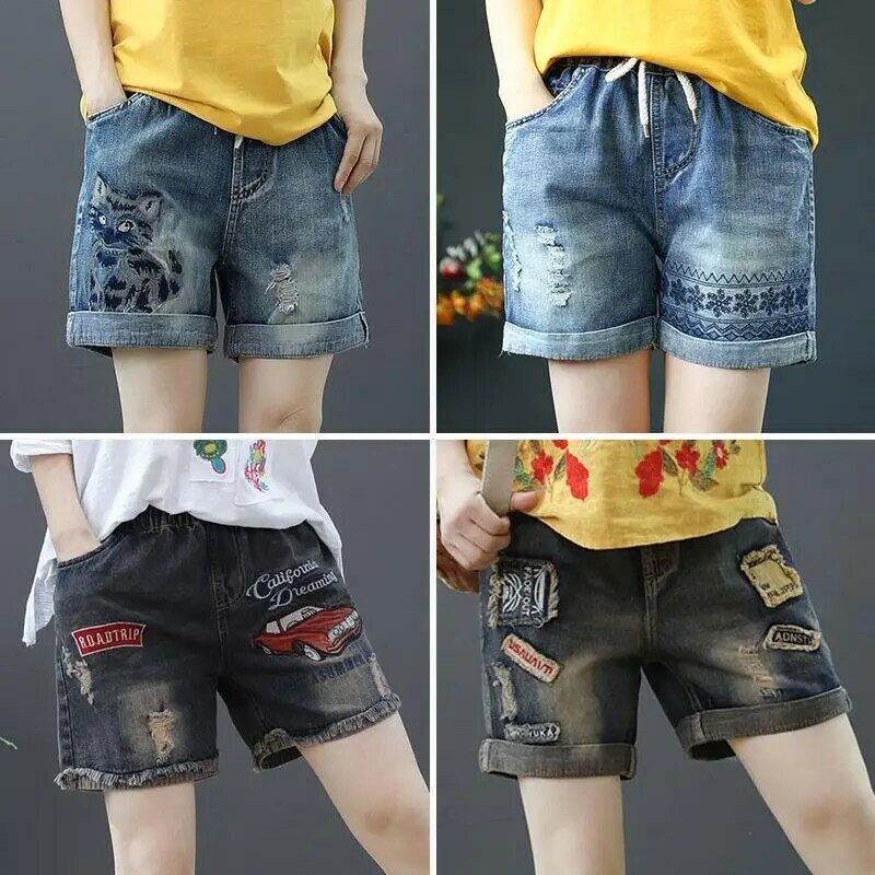 Elastic Waist Ripped Denim Shorts Women Summer New Style High Waist Loose Straight Casual Vintage Embroidered Curling
